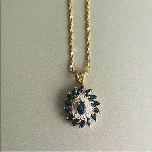 14K Gold Genuine Diamonds & Sapphires Pendant Necklace